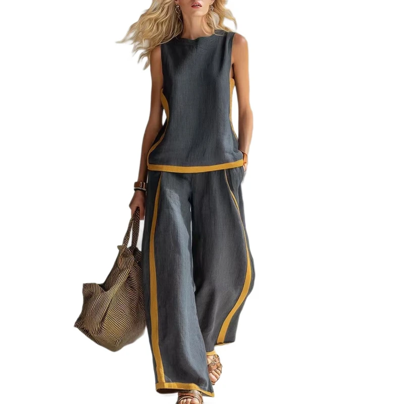 

2026 New European and American Style Sleeveless Contrasting Wide-leg Pants Suit Women's Summer Casual Fashion Two-piece Set