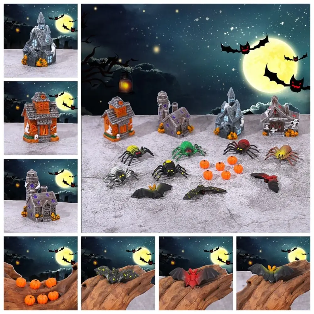 Cartoon Halloween Spider Bat Figurines Resin Craft DIY Micro Landscape Ghost House Statue 3D Mini Miniatures Pumpkin Ornaments