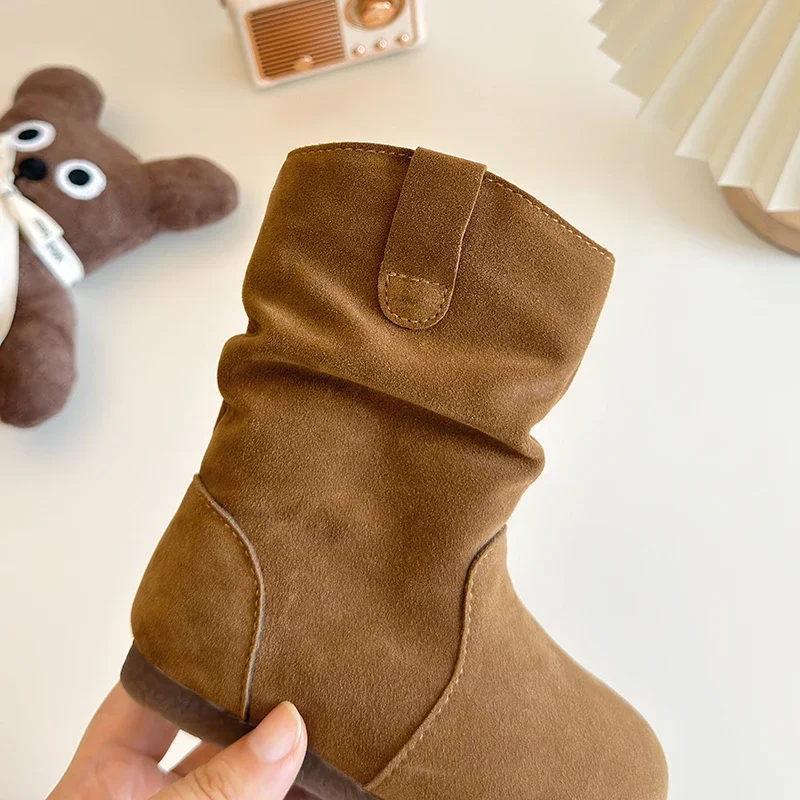 Winter Girl\'s Boots Suede Khaki Camel Slip-on Flexiable Classic Kids Boots Plush Warm Light Trendy Daily Comfy Children Shoes