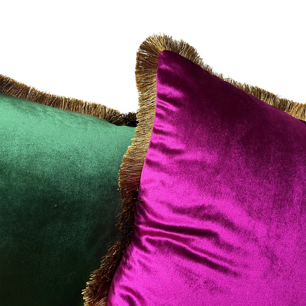 Luxurious Solid Rose Red Green Vintage Shiny Soft Velvet Cushion Cover Fringe Pipping Decorative Sofa Pillow Case 45 x 45 cm