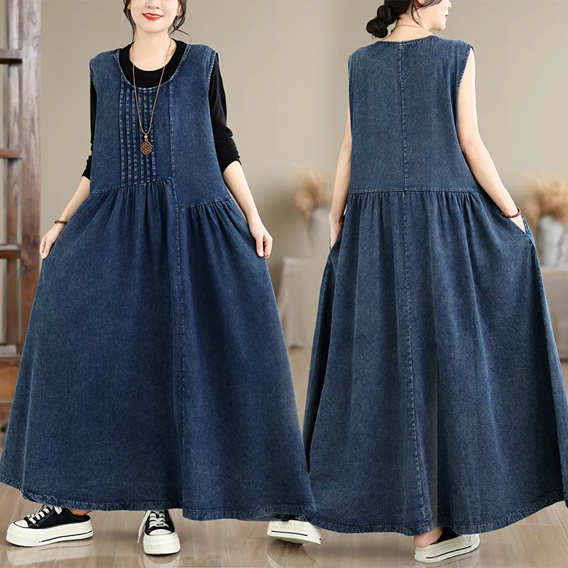 Loose Oversized Korean Style Long Denim Vest Dress Women's Artistic City Commute Cotton Polyester Blend round Neck Dress