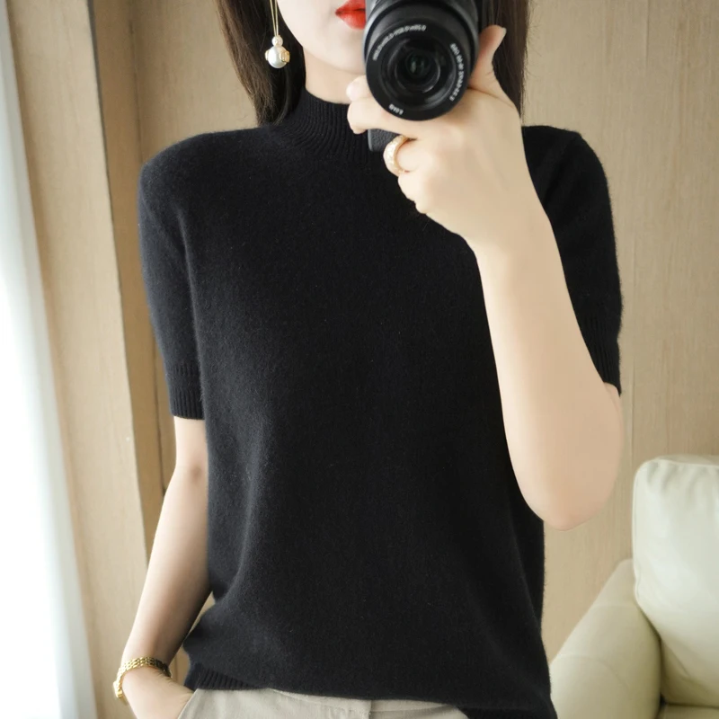 Spring Autumn Women Sweater Casual Warm Bottoming Shirts Mock Neck Basic Knitwear Short Sleeve Pullovers Korean Fashion Jumper