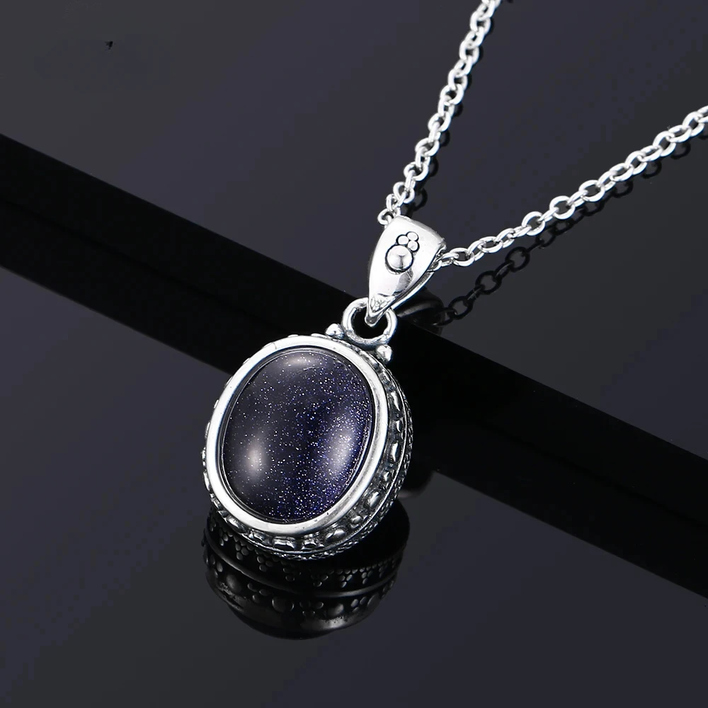 

Classic Blue Sandstone Vintage Necklace 925 Sterling Silver Oval Pendant Necklace for Women Fine Jewelry Gifts Wholesale