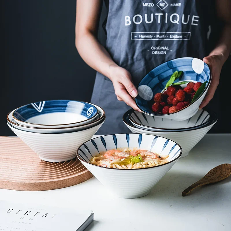 Japanese ceramic salad bowl household large Internet celebrity instant noodle bowl hornhat bowl hand painted tableware