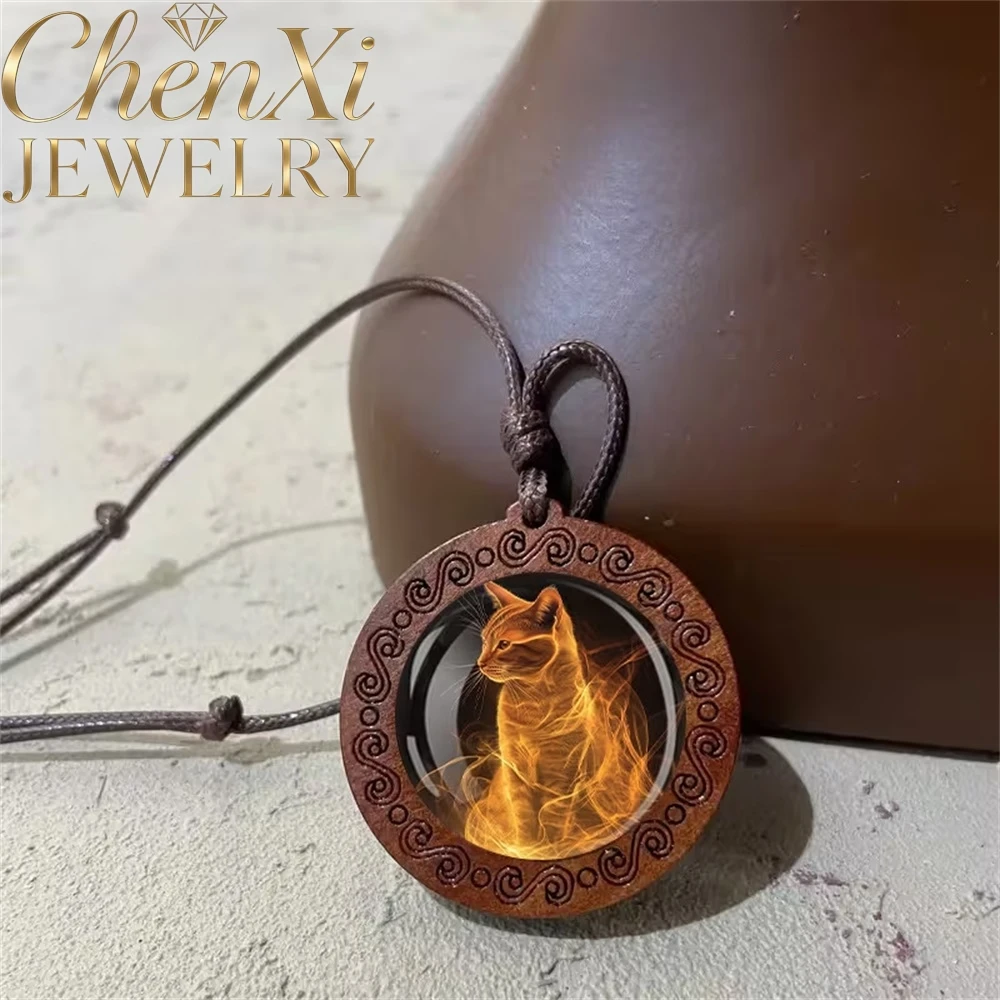 Hot-selling Golden Orange Cat Gazing Wooden Pendant Necklace with Adjustable String Simple Exquisite Popular Fashion JewelryGift