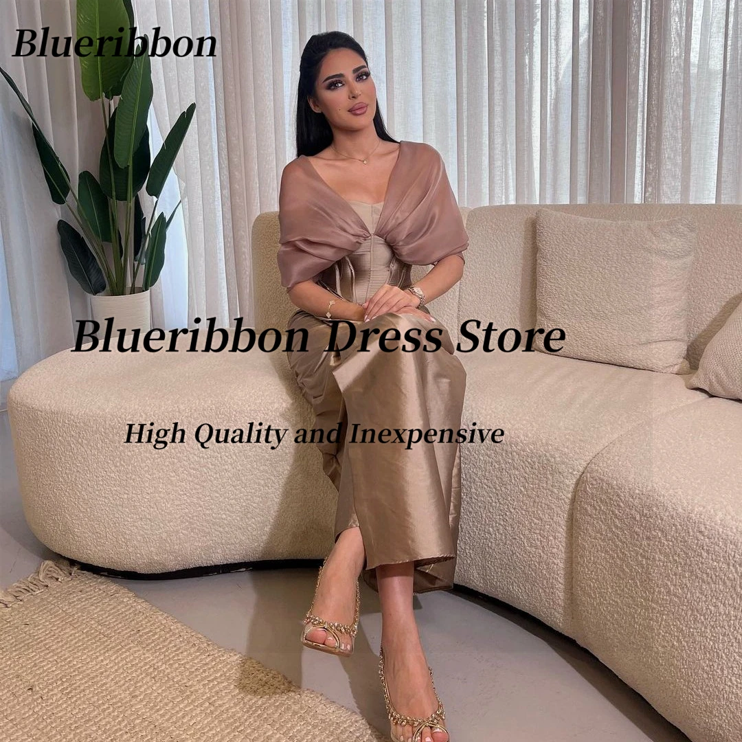 Blueribbon Holiday Party Ankle Length Prom Dresses Off Shoulder Zipper Back Evening Gowns Ruched Vestidos De Noche Saudi Women