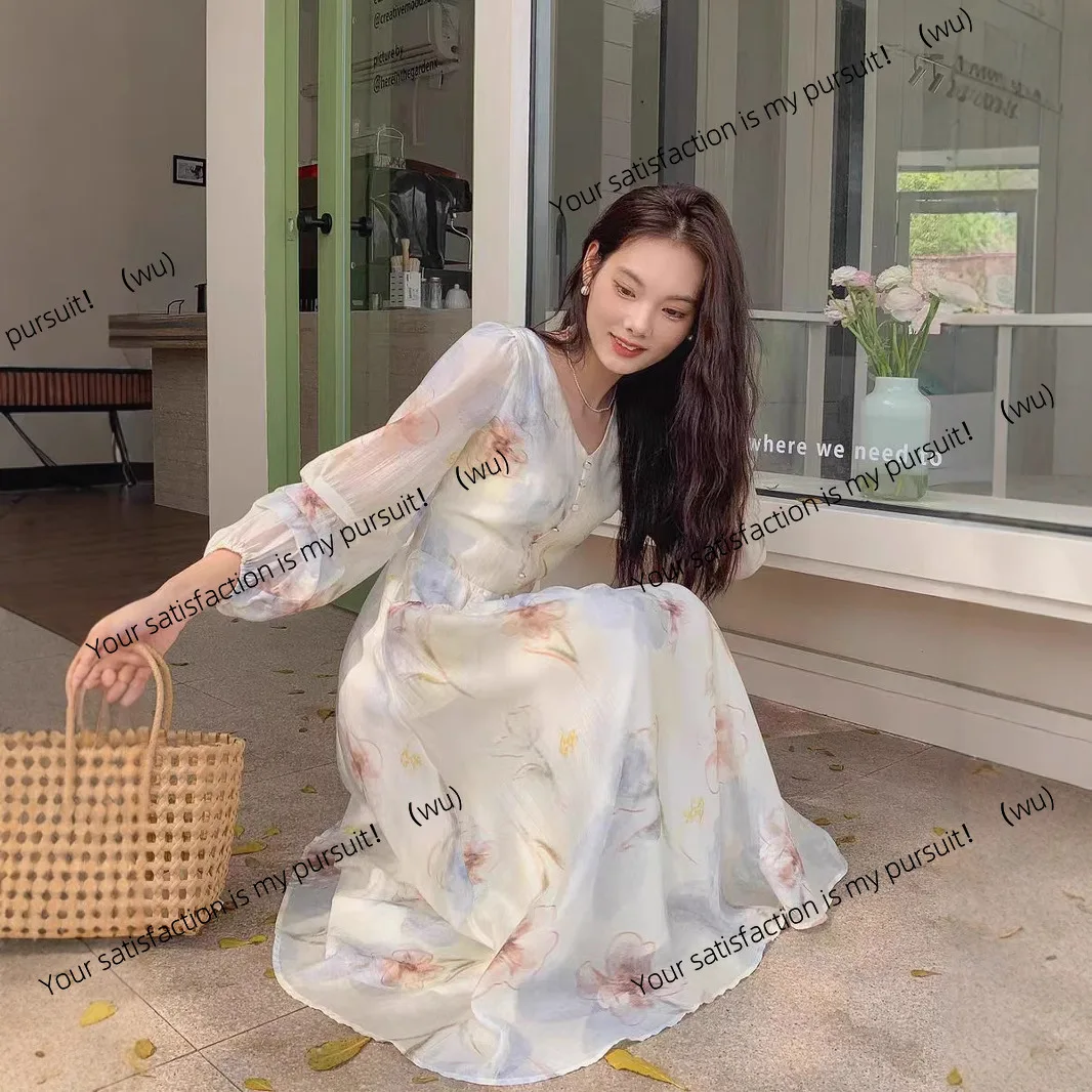 

Gentle wind print Tencel dress women's 2025 summer French design sense long sleeve slim dress fairy dress