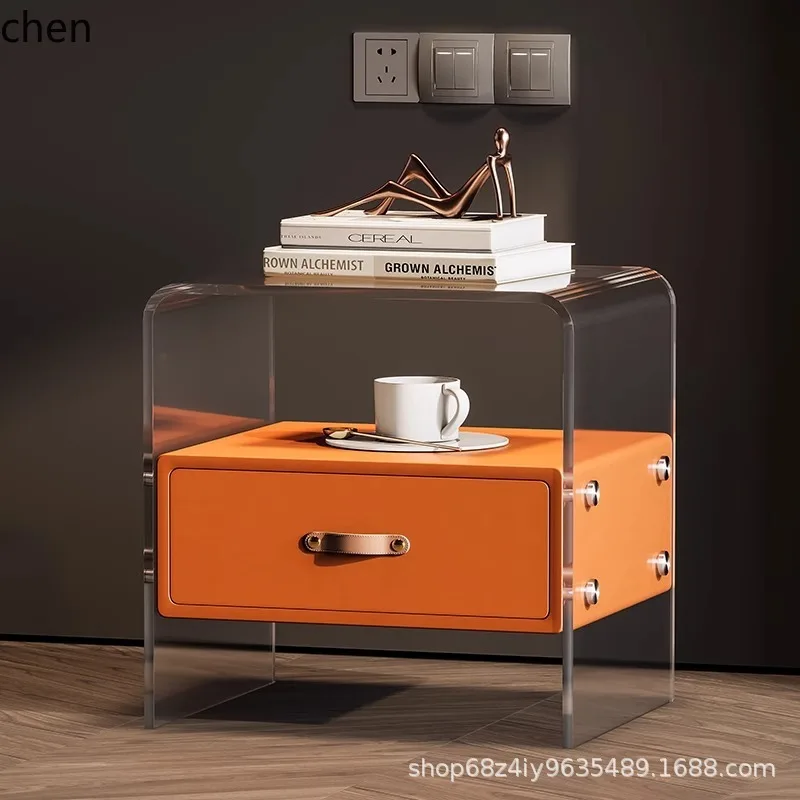 ZML Acrylic Bedside Table Solid Wood Storage Multi-Functional Cream Style Small Side Cabinet