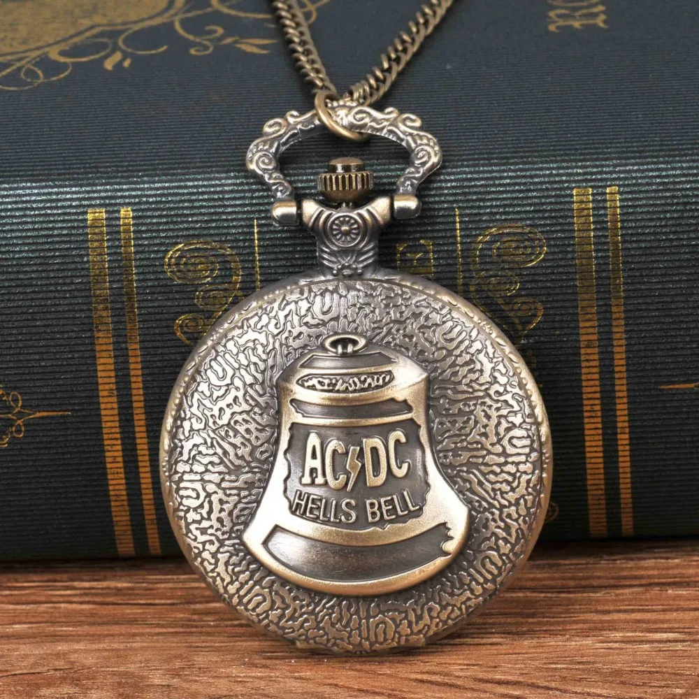 Montre de poche vintage en bronze à quartz, montre à chaîne avec pendentif motif cloche, collection de cadeaux de Noël pour hommes et femmes