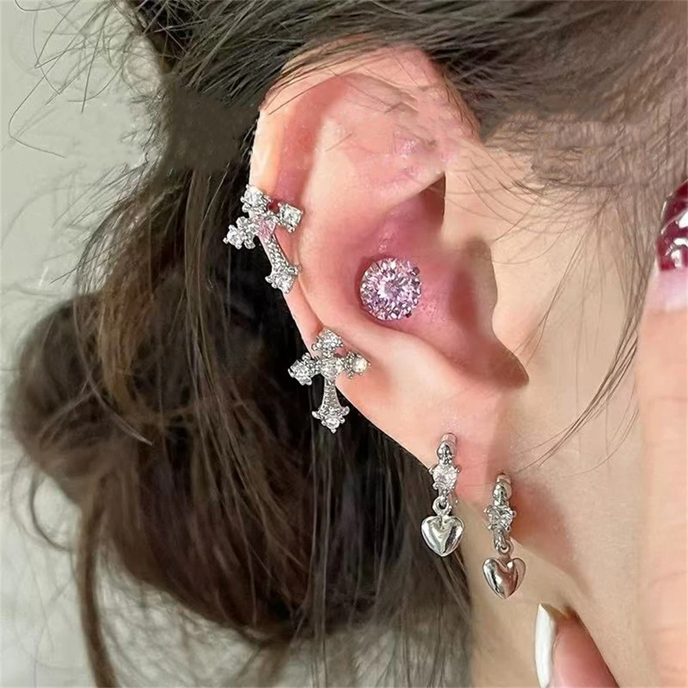 1pcs Bling Zircon Silver Color 316L Stainless Steel Big Cross Ear Bone Nail Cartilage Piercing Earring for Women Accessories