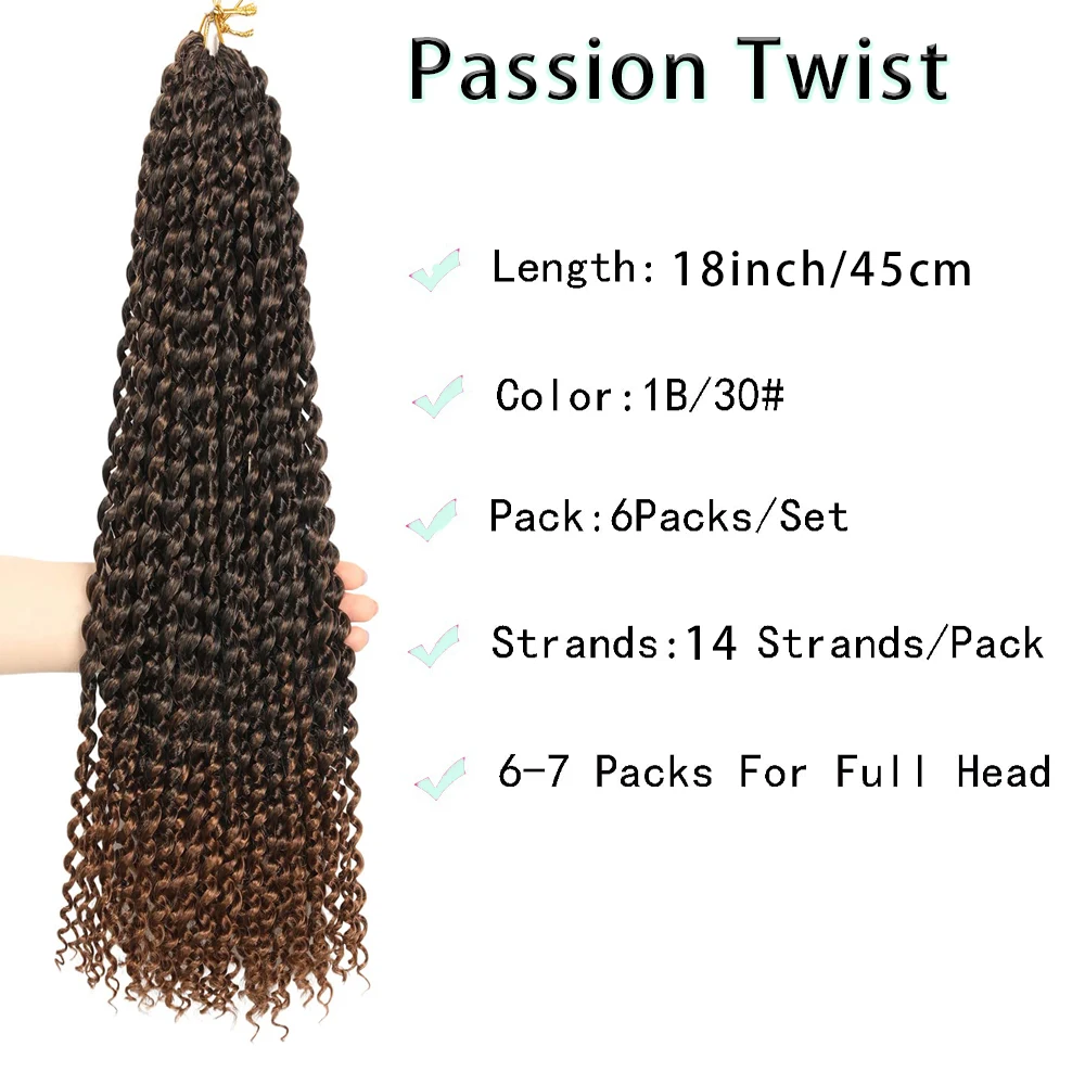 1/3/6 Packs Synthetic Passion Twist Crochet Hair 18 Inch Water Wave Crochet Braiding Hair Extensions (1B/27)
