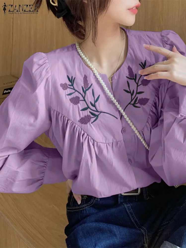

ZANZEA 2024 Summer Korean Fashion Tunic Women Vintage Puff Long Sleeve Shirt Retro Floral Embroidery Blouse Elegant Office Tops