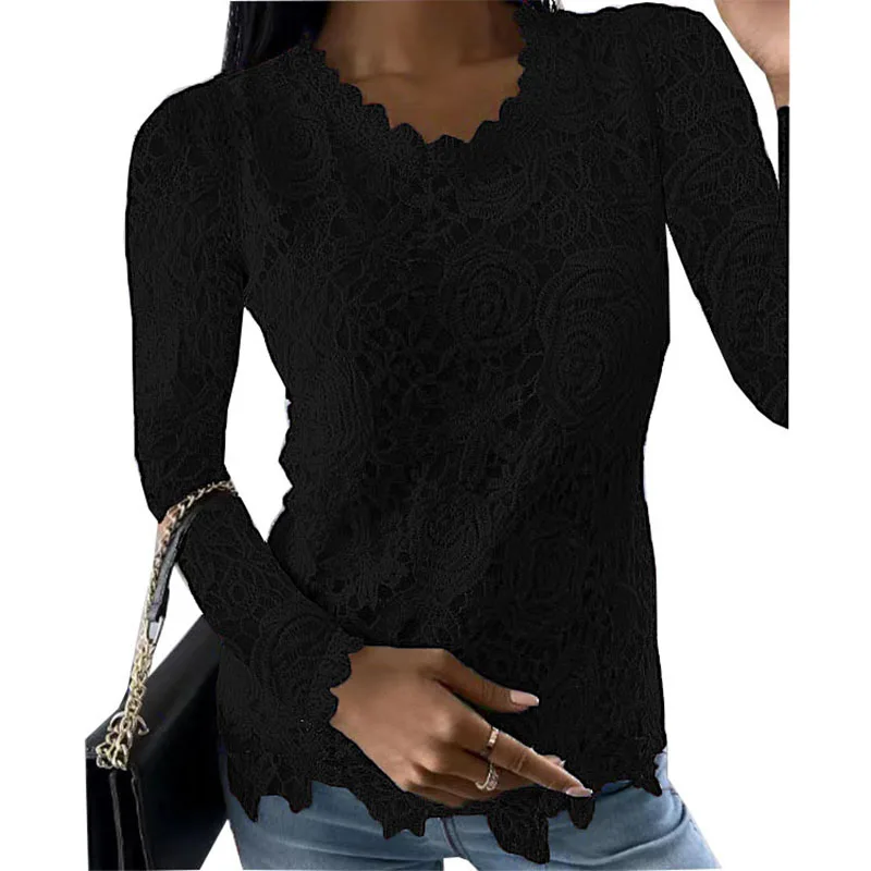 Summer Fashion Woman Pulovers Blouses Lace Hollow Out Long Sleeves Solid T-shirt Korean Style Star Girl Top Y2K