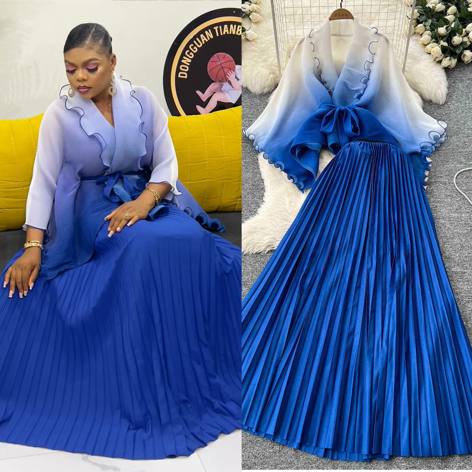 Two Piece Sets Women Skirt Set Gradient Dress Sets Lace Up High Waist Tops Long Skirts Pleated A Line High Waist Matching Sets
