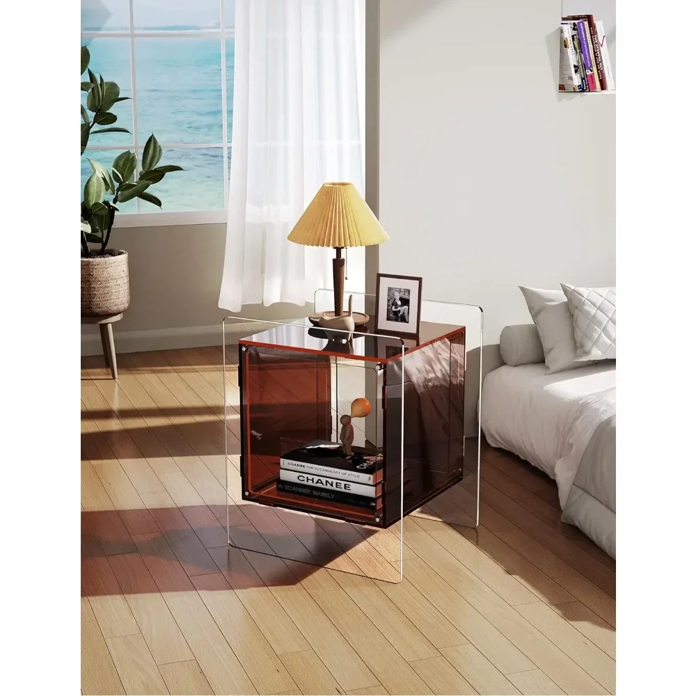 Acrylic bedside table coloured bedside table with open storage shelves, transparent side table in the living room (dark brown)