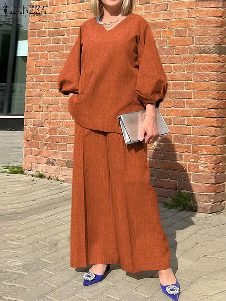 Zestawy spodni ZANZEA 2023 casualowe stroje topy i spodnie damskie moda uliczna bufiaste rękawy bluzka elastyczna w talii luźne dresy