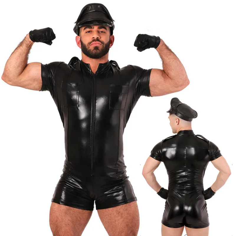 

Mens Shiny Faux Leather Catsuit with hat gloves Sexy Stretch Latex One-piece Tights Bodysuit Gay Fetish Erotic Leotard Clubwear