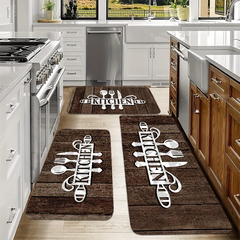 Kitchen Knife Fork Print Floor Mat, Wood Grain Soft Flannel Non-Slip Rug for Bedroom Living Room Kitchen Bathroom Door Decor
