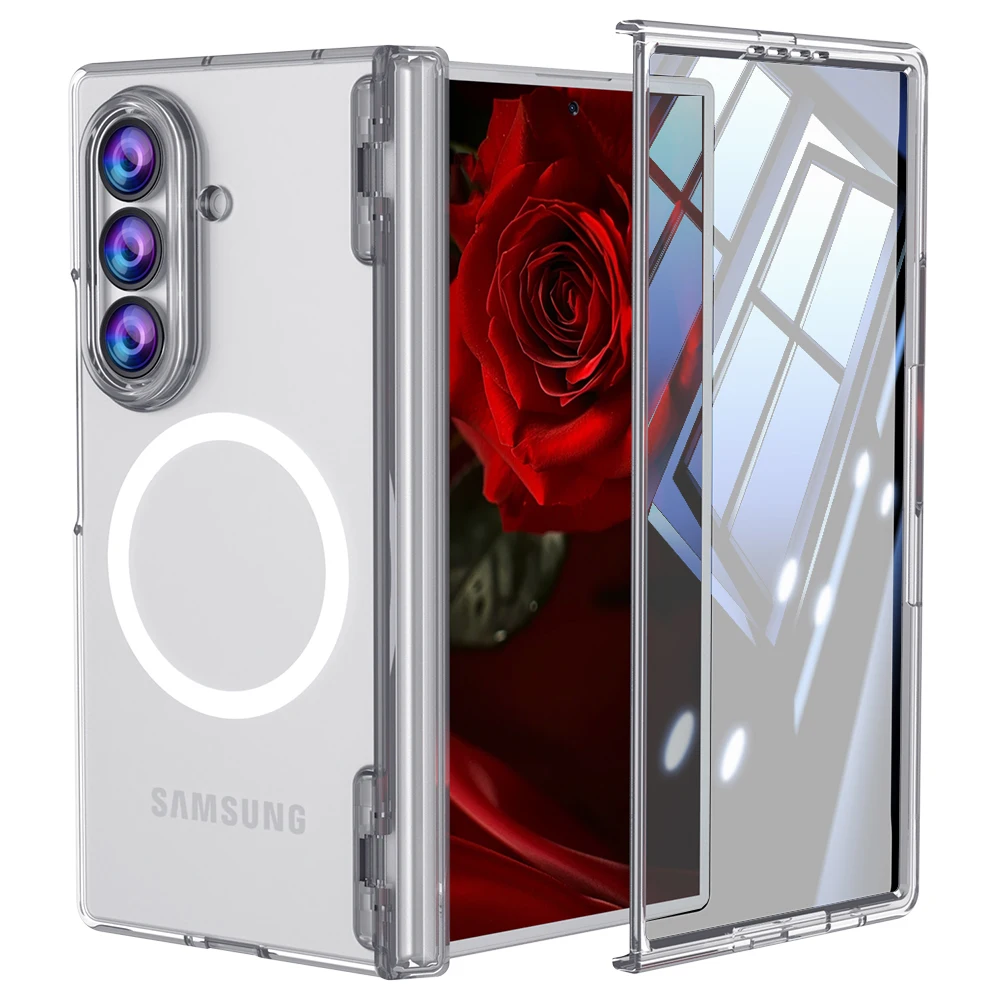 For Samsung Galaxy Z Fold 8 Ultra 5G Case Clear Magnetic Wireless Charging Hinge With Tempered Film Shockproof Hard Back Cover