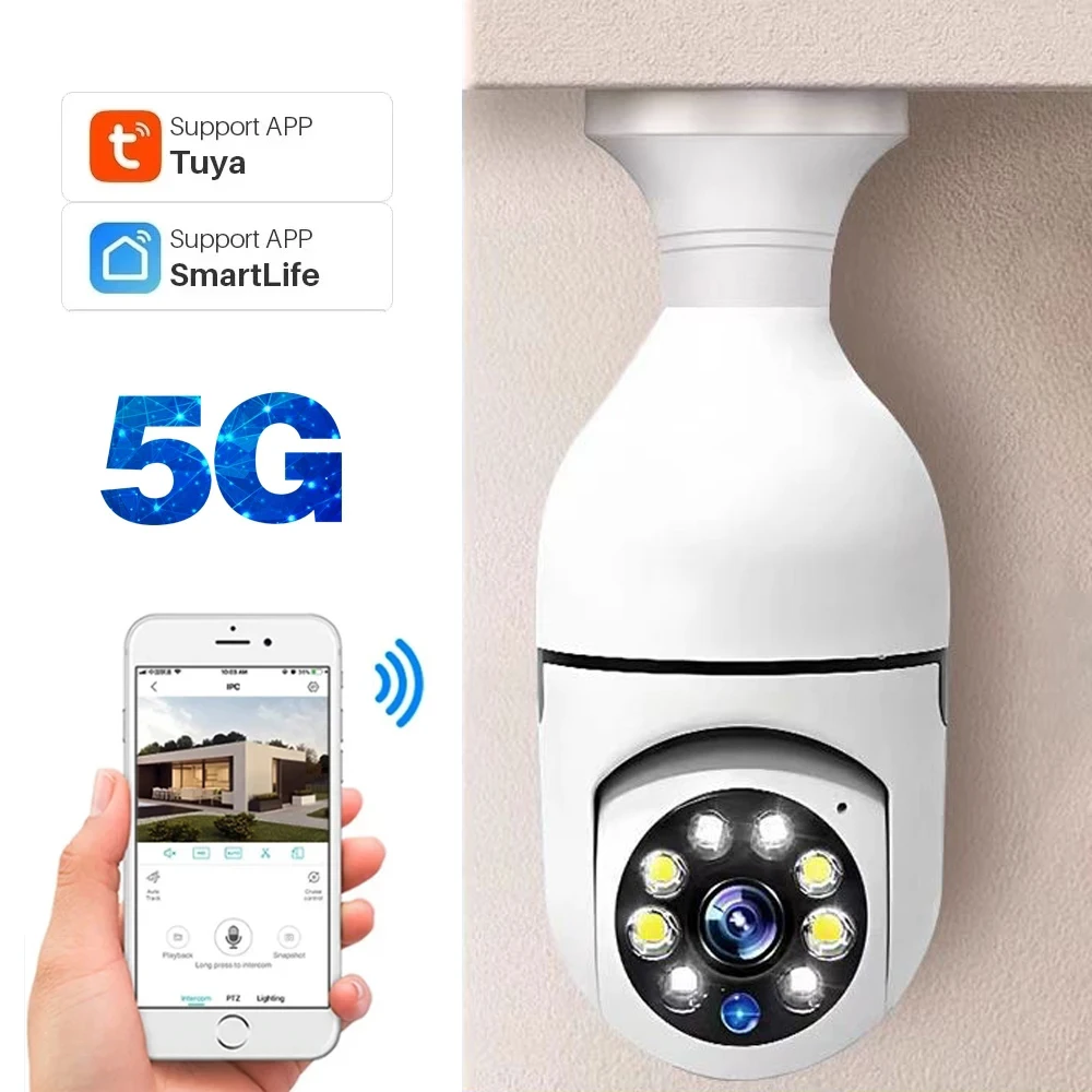 

Tuya 5Ghz 2.4Ghz Dual Band E27 Bulb 5MP Full Color Night Vision Wifi Indoor Mini PTZ Camera Security Auto Tracking CCTV Camera