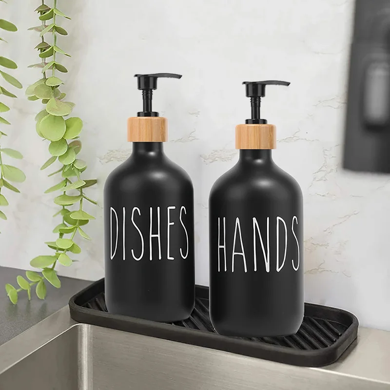 500ml Dish Hands Soap Dispenser Bamboo / Plastic Pump Refillable Bathroom Kitchen Sink Lotion Liquid Bottles Container With Tray