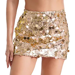 New Shiny Sequin Jazz Latin Dancing Skirt Womens Elastic Waist Fully Lined Hip Wrap Mini Skirt for Nightclub Carnival Rave Party