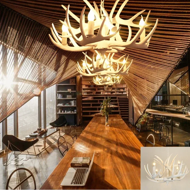 American retro deer antler chandelier resin lamp industrial style hotel restaurant Nordic home decoration lighting pendant lamp