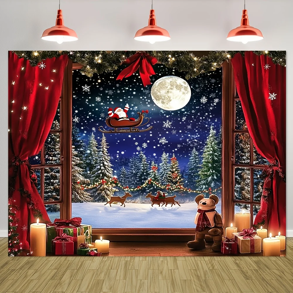 Christmas Winter Wonderland Tapestry, Santa Reindeer Snowy Forest Scene Polyester Photo Backdrop for Holiday Party Decor,