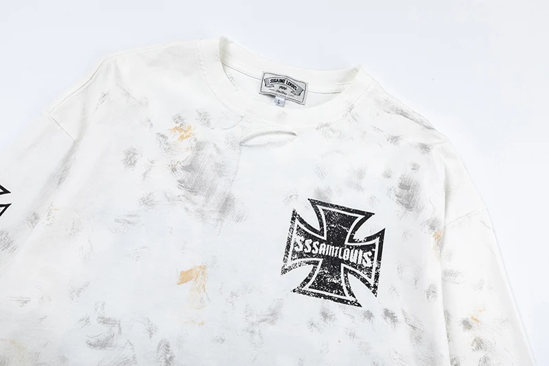 Stain Long Sleeve Sssaint Louis Graffiti Cross Label T Shirt Men Women Black White Washed Loose Hole Damaged T-shirt Tops Tee image 3
