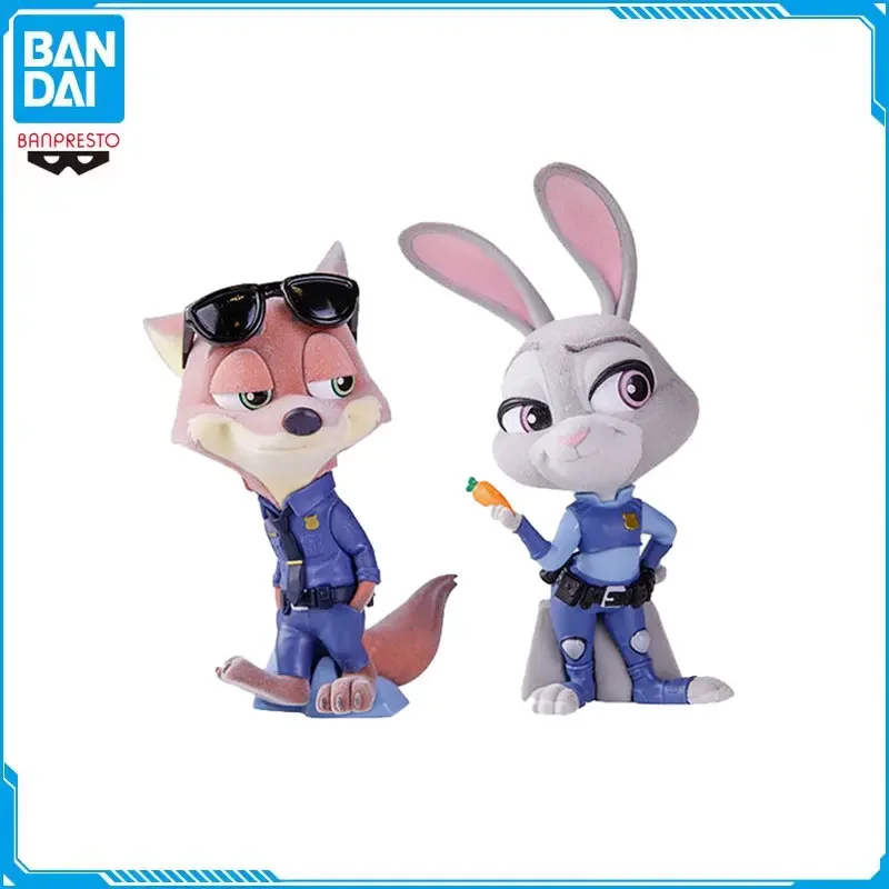 

Original BANDAI Disney Flocking Figures Zootopia Judith Hopps Nick Wilde Action Figures Classical Decoration Model Toys Kid Gift