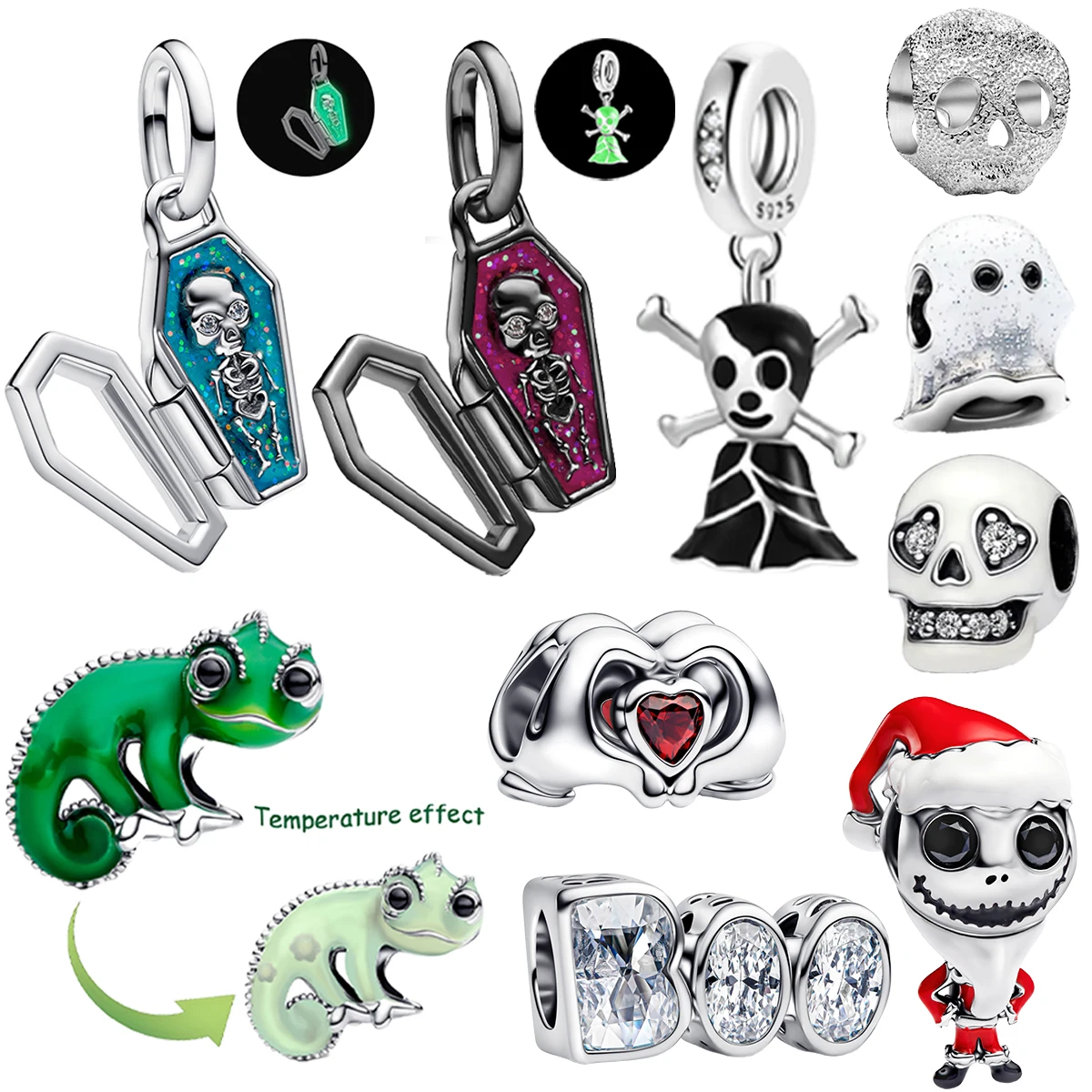 

Halloween 925 Sterling Silver Skull Charm Luminous Pumpkin Bat Ghost Coffin Bead Pendant Ring Necklace Bracelet DIY Jewelry Gift