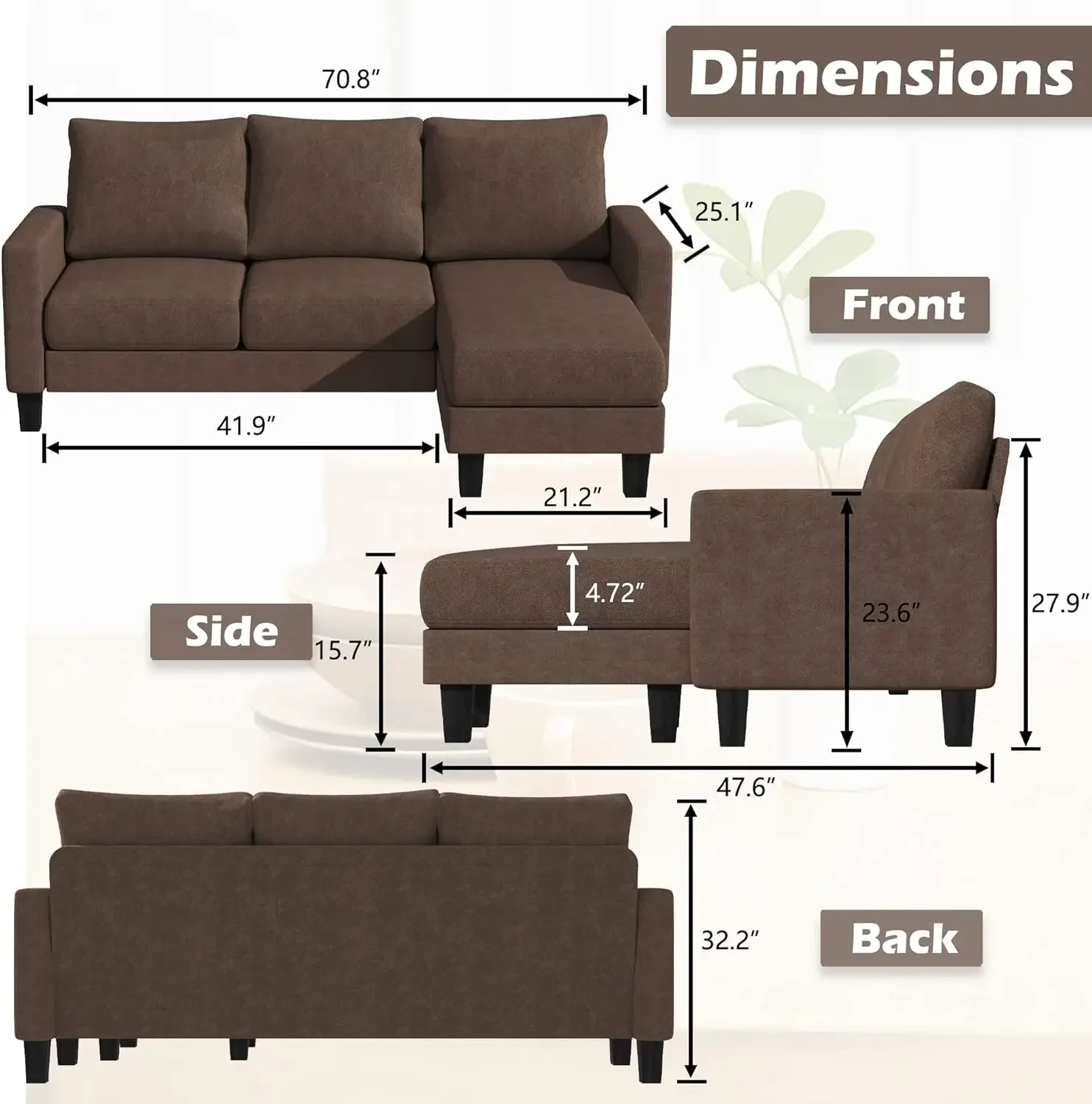 YESHOMY-Convertible Sectional 3 L-Shaped Couch, Soft Seat, Modern Linen Fabric, Small Space Sofas for Living Room