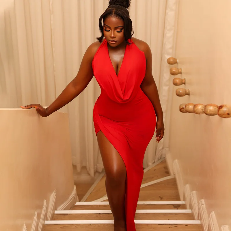 

Women's Solid Color Pleated Slim-fit Side-slit Bodycon Dress With A Swing Collar, Sleeveless, Long, Trendy Dress