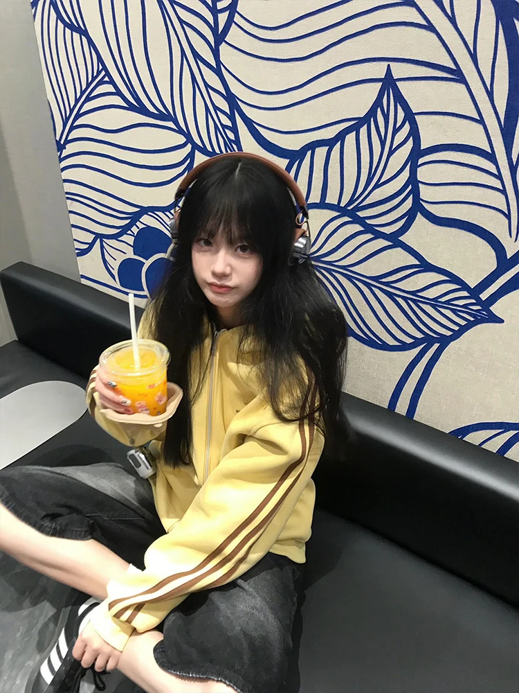 Amarelo orelha design hoodie zíper solto feminino primavera outono t-listras preguiçoso chique aberto cardigan jaet rua sle