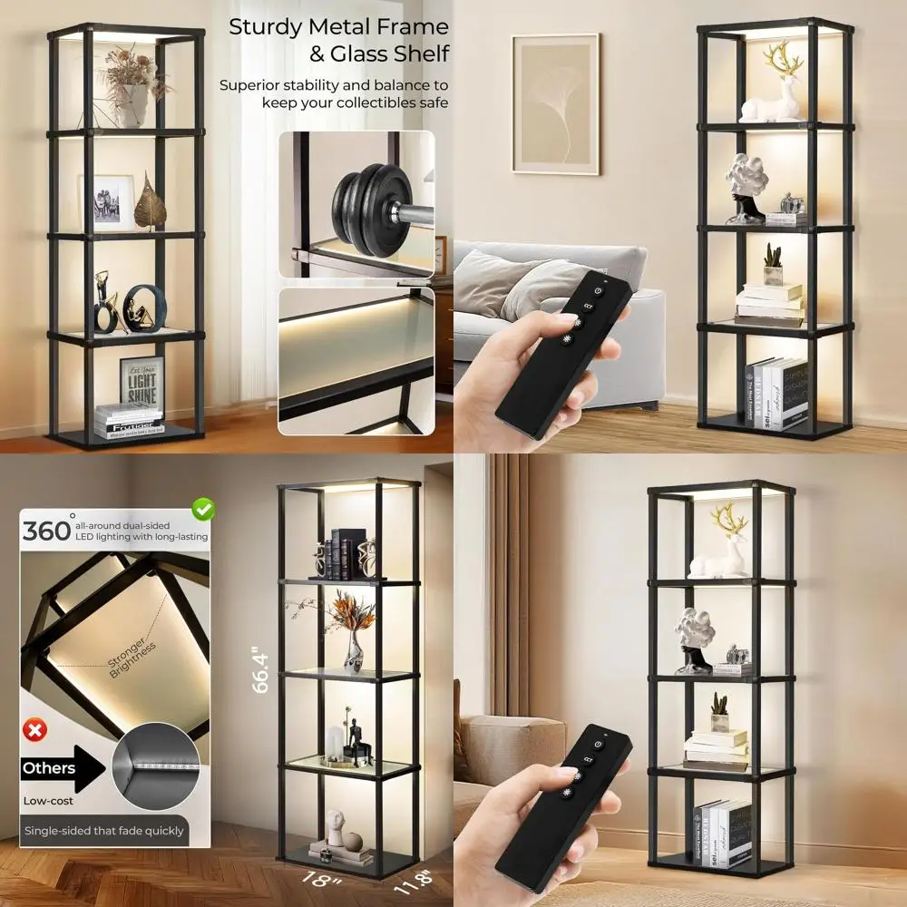 

Высокий торшер с полкой для дисплея, светодиодный светильник с регулируемой яркостью и 3 цветовыми температурами, прочный стеклянный шкаф для сувениров, книжный шкаф с дистанционным управлением