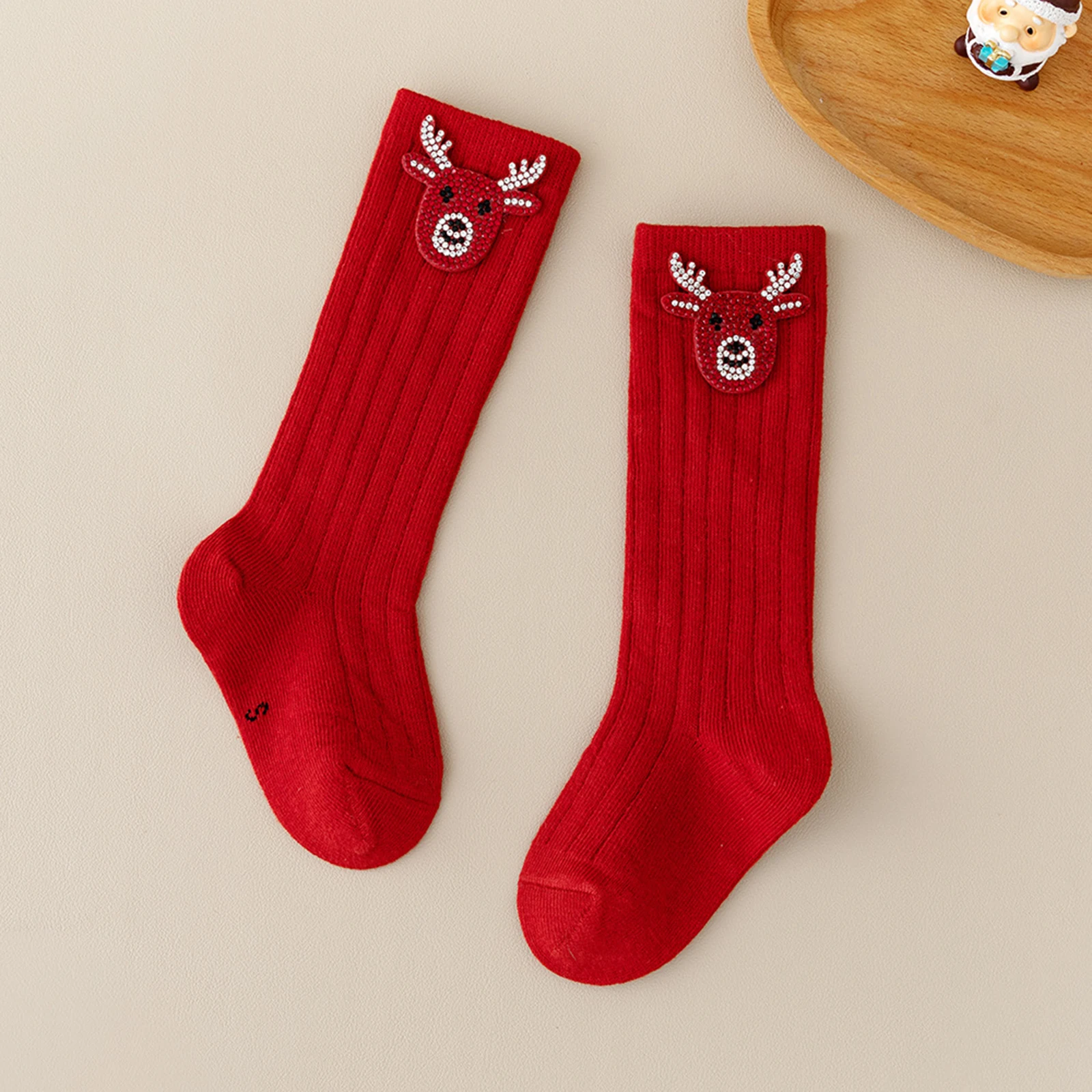 Baby Girl Knee High Socks with Rhinestone Reindeer Sanat Soft Comfortable Christmas Socks Holiday Stockings