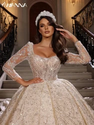 Modest Square Neck Long Sleeve Bride Dress Sparkly Sequins Beads Wedding Gown 2024 Luxury Ball Gown Bride Robe Vestido De Novia