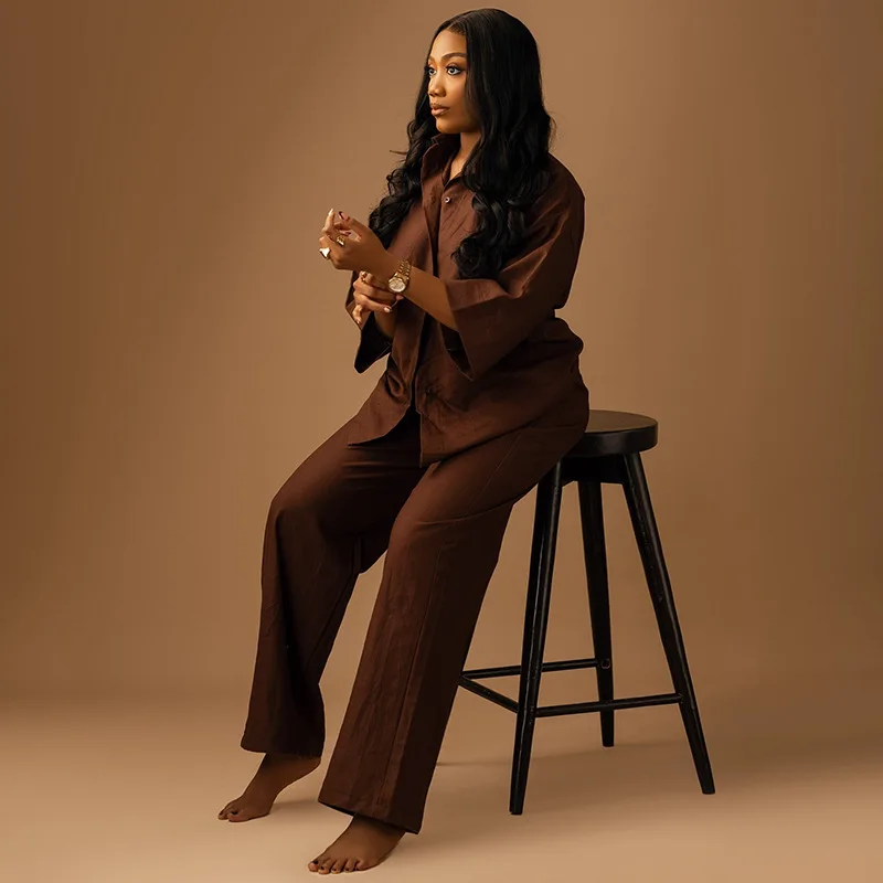 

New temperament solid color lapel loose long-sleeved shirt high waist trousers suit fashionable simple and versatile temperament