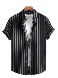 Camisa a rayas alternantes para hombre, camisa minimalista de verano para playa, informal, transpirable, de manga corta, hawaiana, vacaciones