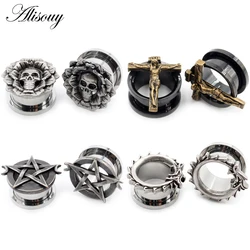 Alisouy 2pc Stainless Steel Skull Flower Star Moon Dragon Cross Ear Tunnel Plugs Expander Stretcher Gauges Body Piercing Jewelry