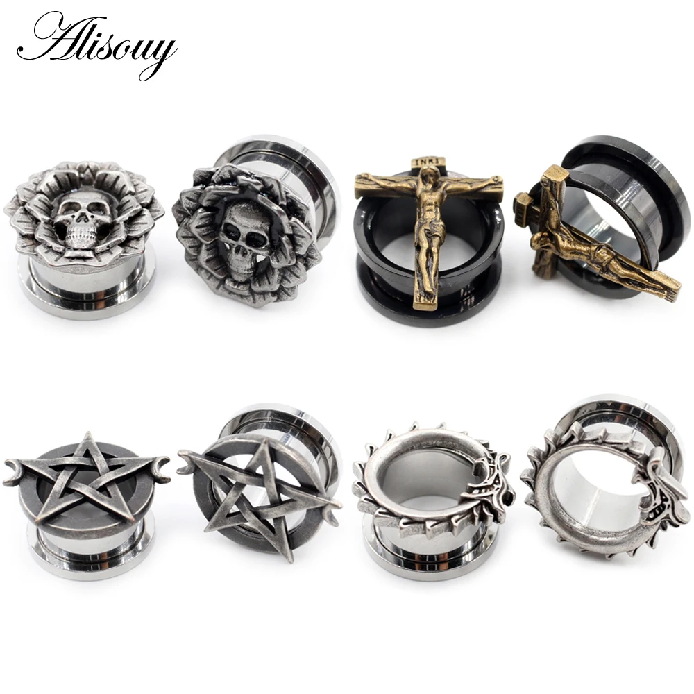 Alisouy 2pc Stainless Steel Skull Flower Star Moon Dragon Cross Ear Tunnel Plugs Expander Stretcher Gauges Body Piercing Jewelry