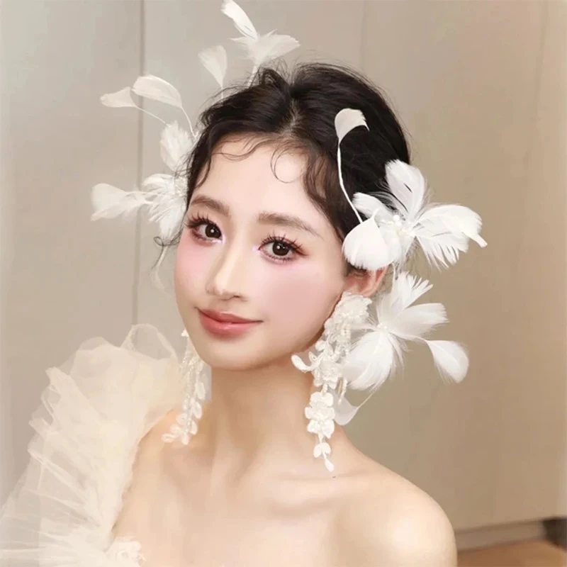 

Princess Style Feather Hairpin Earrings Set For Wedding Accessories
