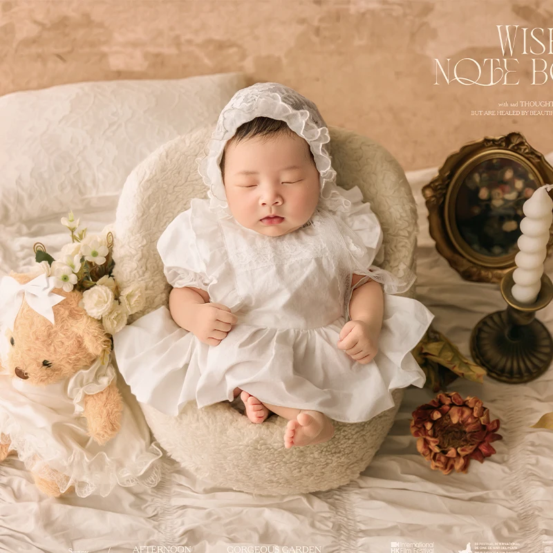 0‑1 Month Newborn Girl Photography Costume White Lace Frilly Dress Bonnet Set Soft Fabric Baby Photo Outfit Photo StudioSupplies