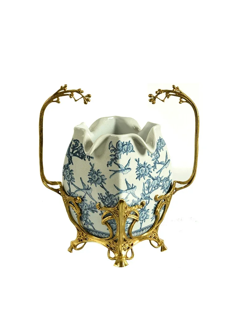 Blaue und weiße Keramik mit Kupfer vasen, Blumen arrangements, hochwertigen Luxus-Wohnzimmer eingängen, Einweihung geschenks chmuck