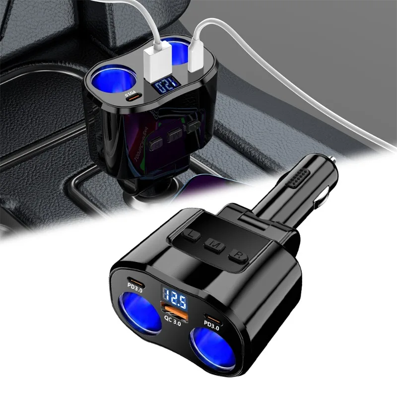 USB Car Charger,2 Cigarette Lighter Splitter 12/24V 96W Dual PD3.0 Type-C & QC3.0 Ports with Separate Switch LED Voltage Display
