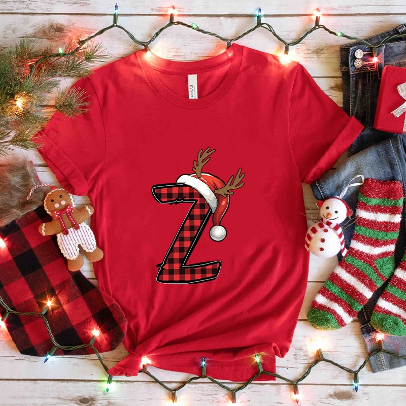 

Casual Women’s T-shirt with Christmas Alphabet A-Z Print, Santa Letter Holiday Graphic Y2k Tops, Perfect for Xmas Parties