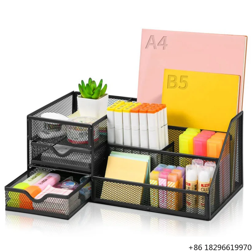 Multifunctional Mesh Desk Organizer with 6 Compartments Metal Pen Holder Clock and Calendar Use 6-Drawer Desk Organizers