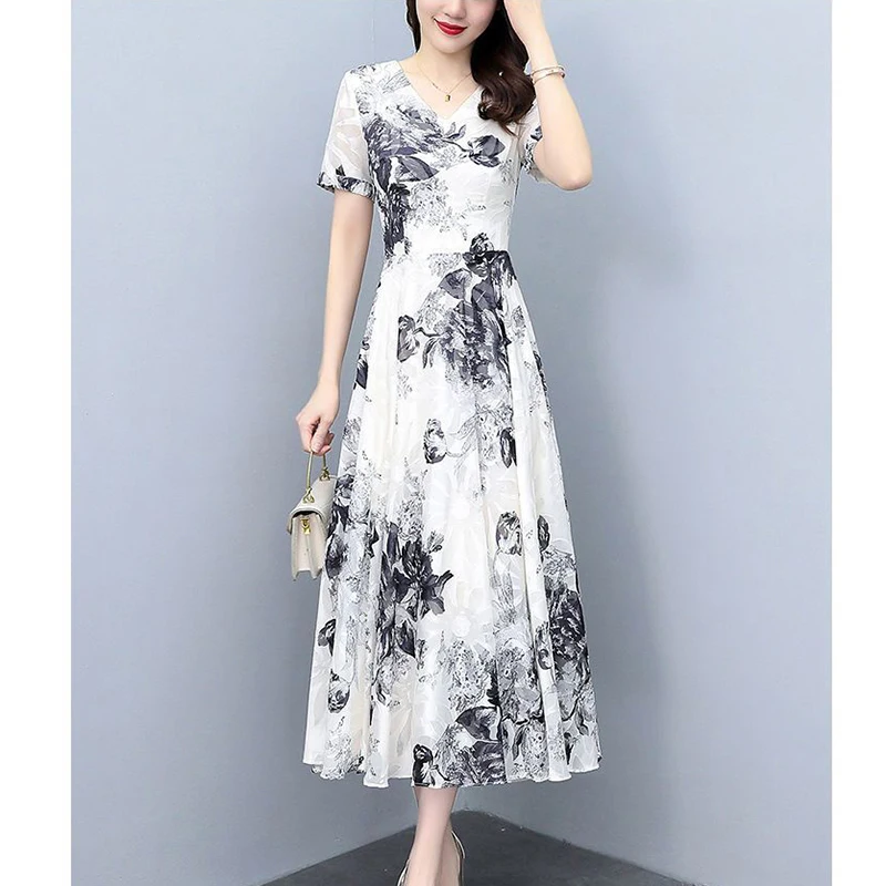 

Fashion V-Neck Spliced Short Sleeve Printed Vintage Dress Women's Clothing 2024 Summer New Loose Office Lady Floral Dress