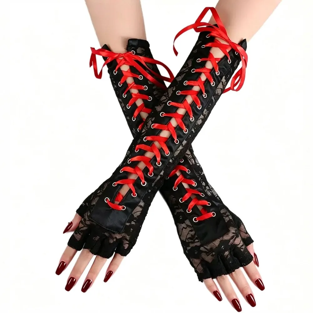 Sweet Elastic Lace Strap Gloves Long Gloves JK Cloth Ribbon Half Finger Gloves Punk Lolita Women Gloves Party