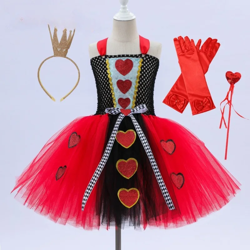 Girls Queen of Hearts Costume Kids Halloween Dress Up Fancy Tutu Dress with Crown Classic Wonderland Red Queen Gown Clothes